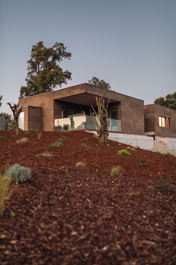 Una casa moderna con techo plano, ventanas amplias y fachada de ladrillo.