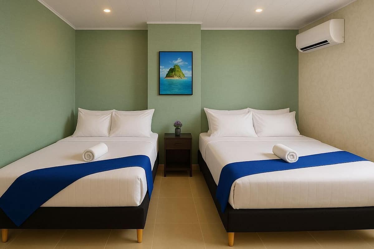 A hotel room with two beds, a small table, a nightstand, a framed picture of an island, and an air conditioning unit.