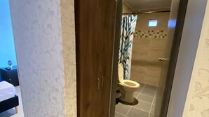 A bathroom with a toilet, shower, and a wooden wardrobe.
