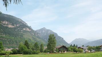 Ein ländliches Bergdorf mit Häusern, einem Feld und Bergen im Hintergrund.