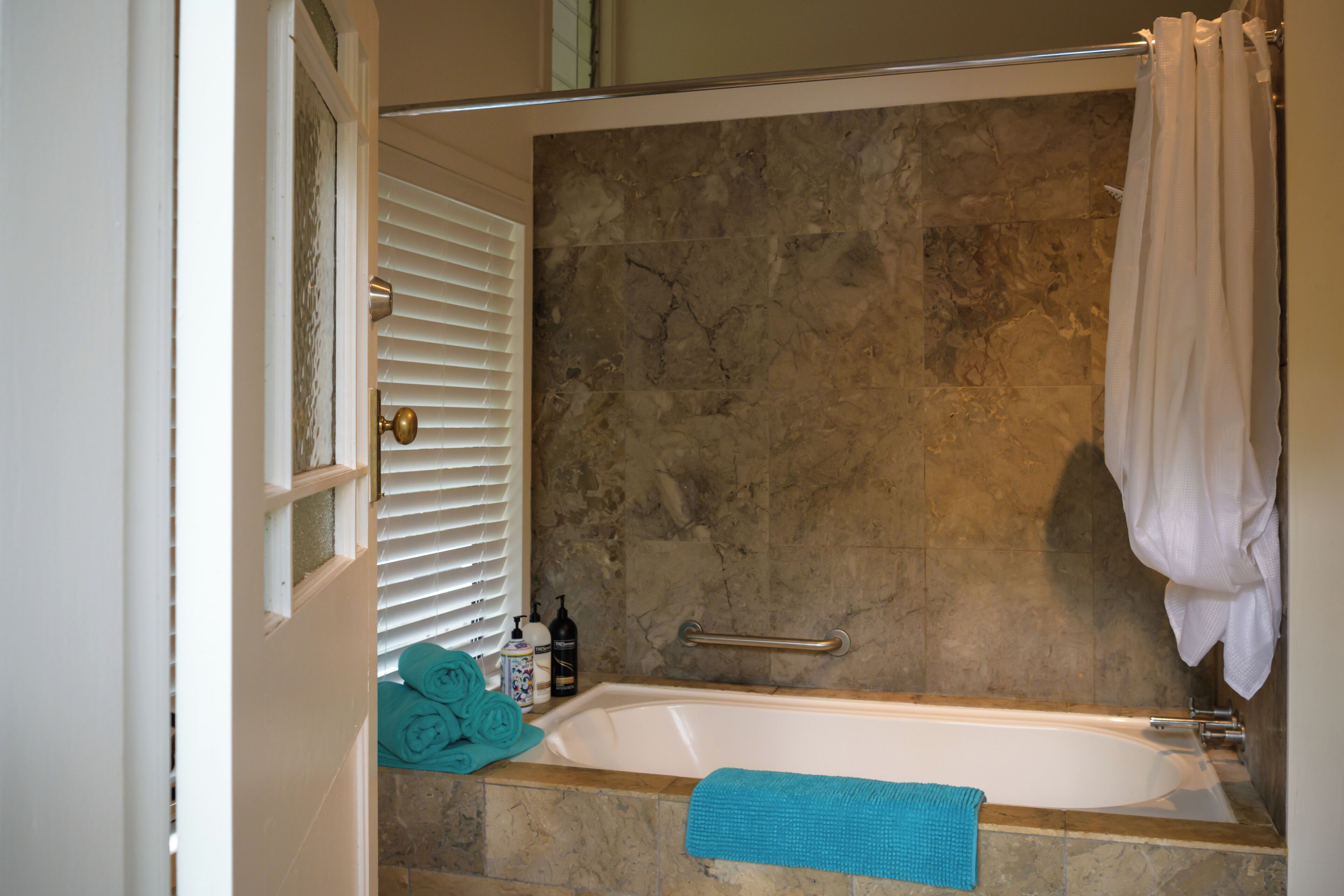 Hair dryer, towels, soap, toilet paper