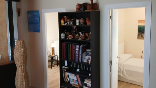Un saló modern amb una gran estanteria, un vas decoratiu i un quadre a la paret.