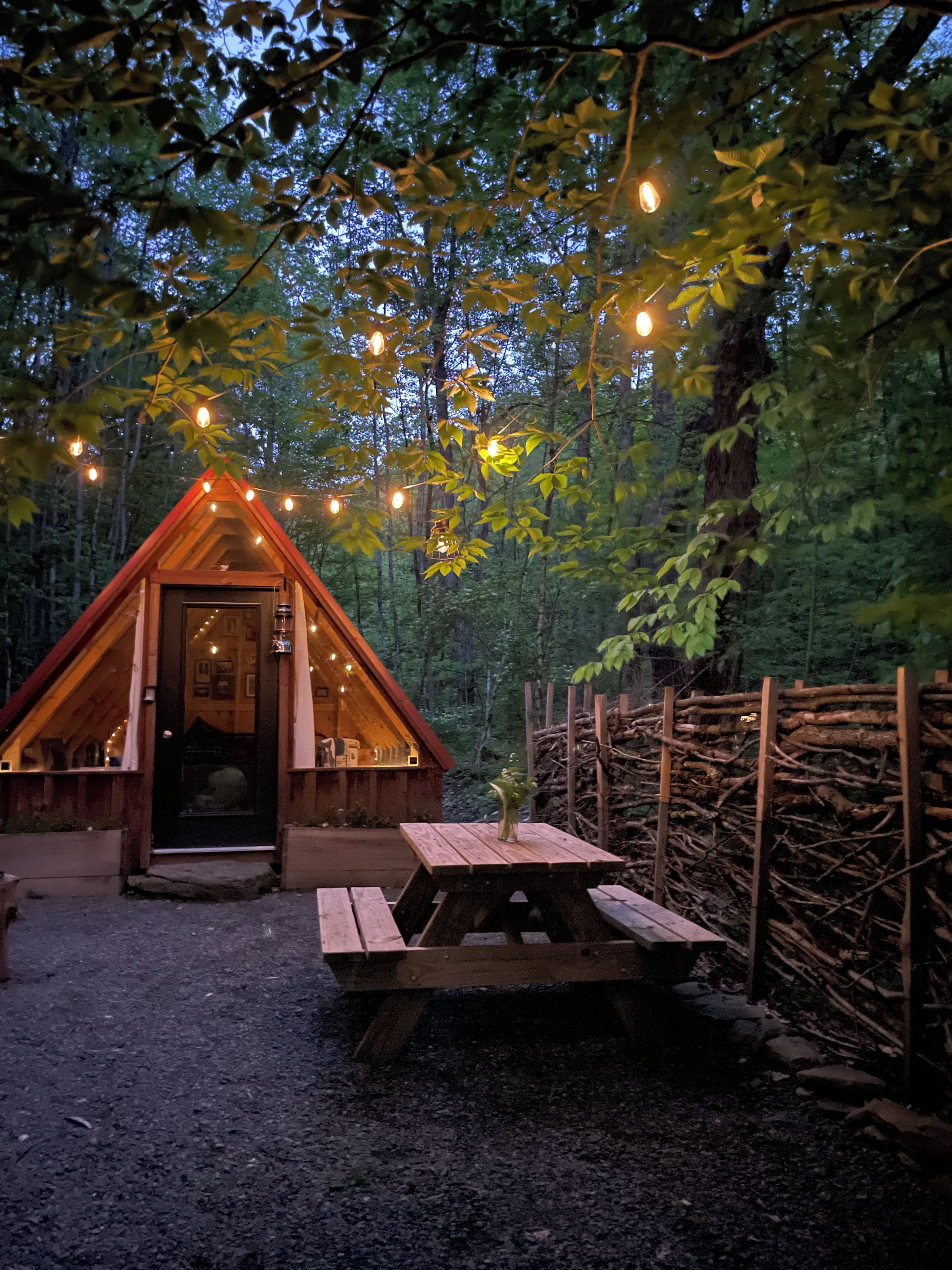Eine Holzhütte mit Satteldach, umgeben von Bäumen.