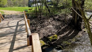 A wooden bridge over a flowing stream, surrounded by trees and a grassy area. - Hillside: Cozy offgrid cabin near Cooperstown, NY (Cherry Valley)