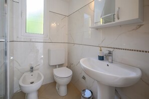 A bathroom with a bidet, toilet, sink, and a mirror above the sink.