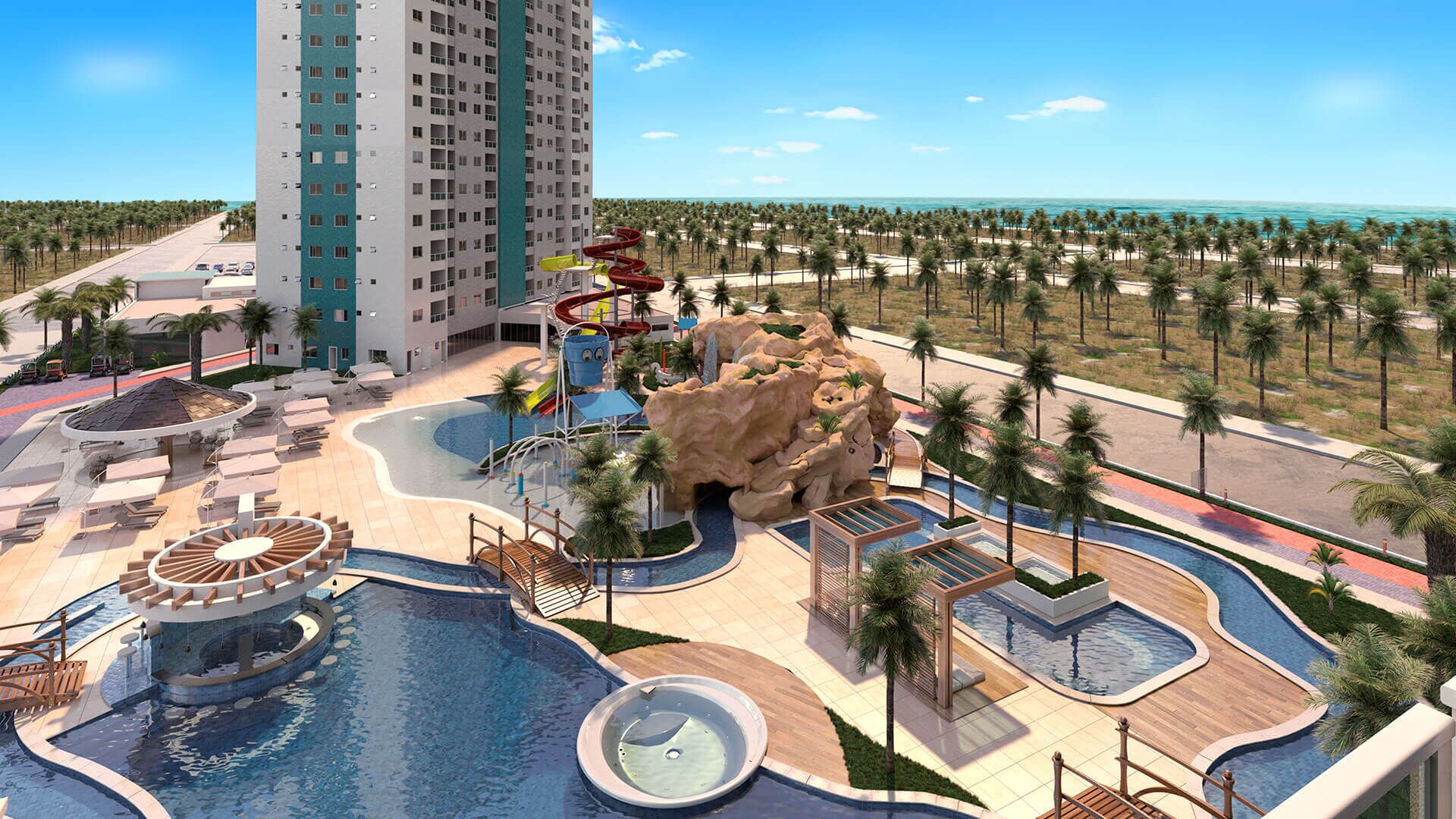 A resort with a large pool area, palm trees, and a tall building in the background.
