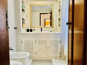Shower, hair dryer, towels