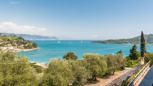 Un paysage côtier offrant une vue dégagée sur la mer, avec une route et une colline parsemée d’arbres.