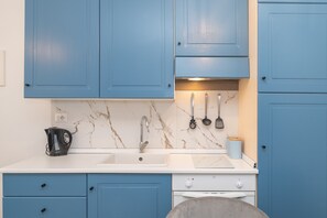 Fridge, oven, stovetop, coffee/tea maker