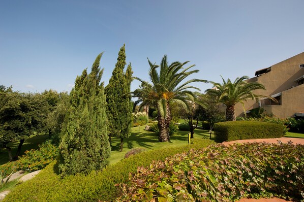 A landscaped garden with various trees, a palm tree, and well-maintained hedges.