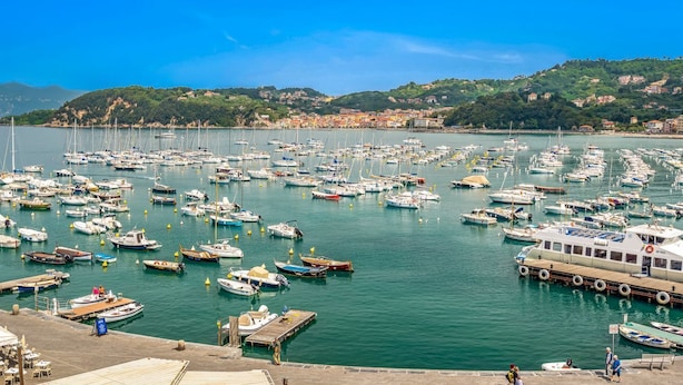 A marina with numerous boats docked, a large ferry, and a view of a hillside town. - Magnolia, Welcome Way (Lerici)