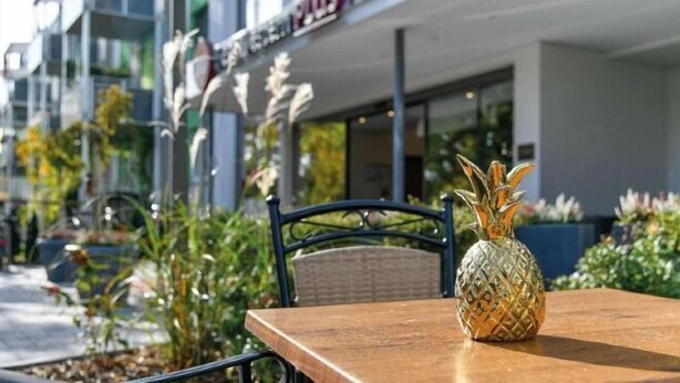 Ulkokäytössä oleva puinen pöytä, jossa on ananaksen muotoinen koriste, ja punottu tuoli rakennuksen edessä. Rakennuksen yläpuolella on kyltti, jossa lukee: ”Hotel Parkhotel”.