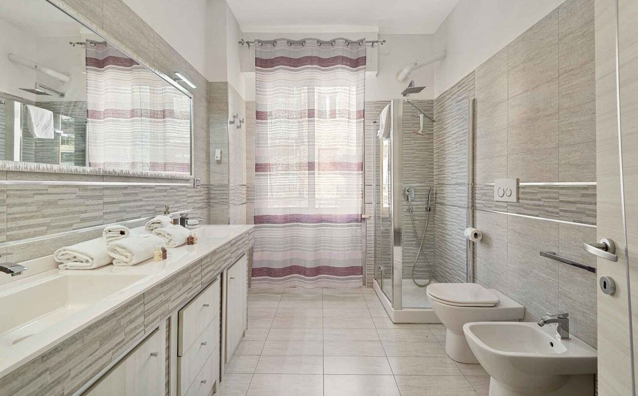 Shower, hair dryer, bidet, towels