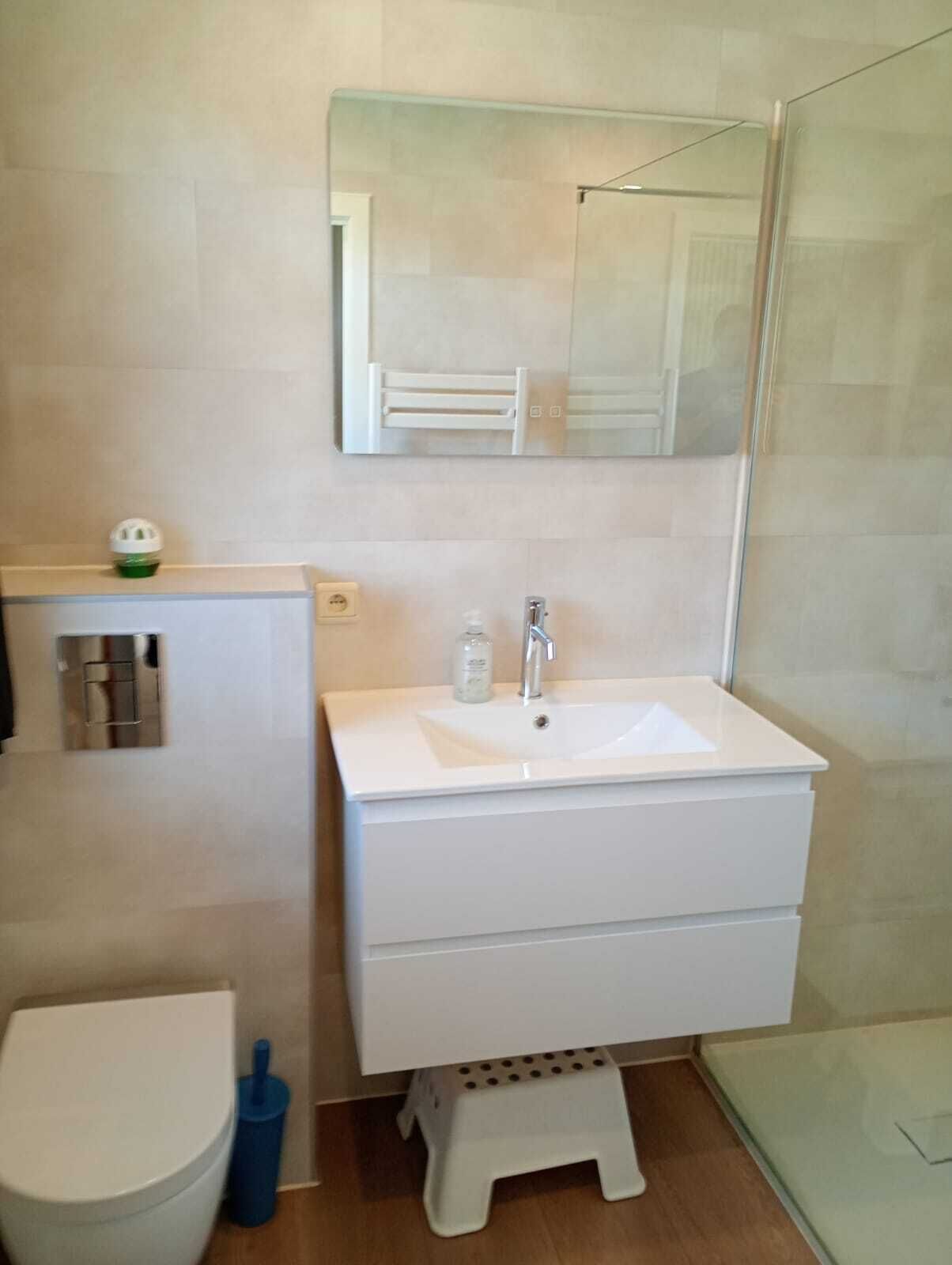 Een badkamer met een wit wastafelmeubel, een spiegel erboven, een toilet en een douche.