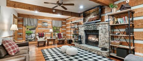 Smart TV, fireplace, ping pong, books