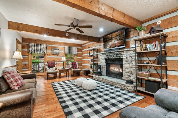 Smart TV, fireplace, table tennis, books