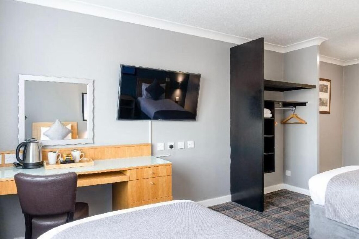 Habitación de hotel con cama, escritorio, silla, televisor, armario y espejo.