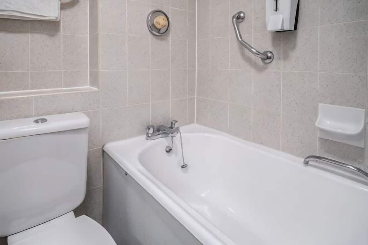 A bathroom with a toilet, a bathtub, and a handrail.