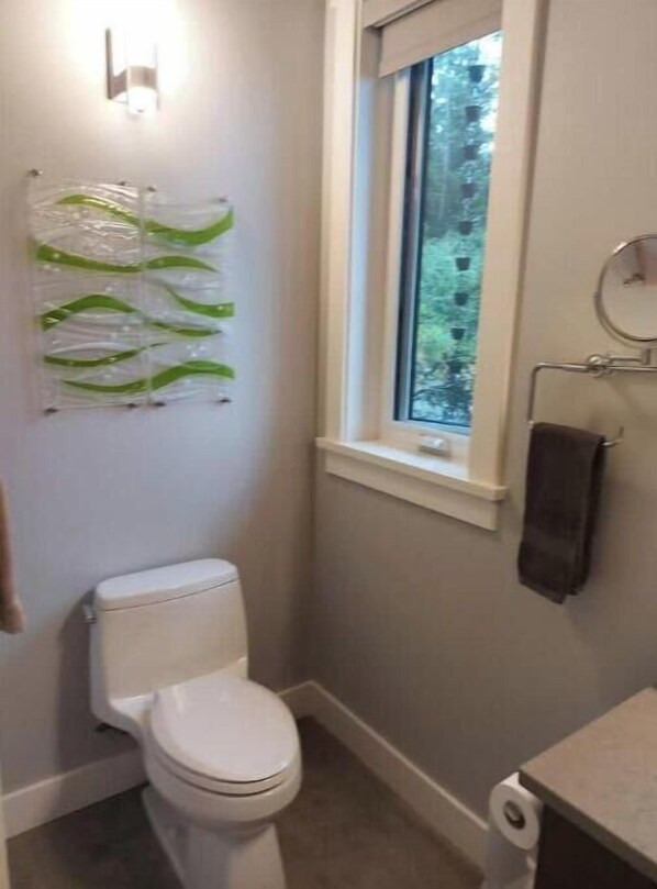 Un baño pequeño con inodoro, ventana y toallero.