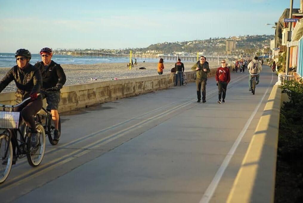 A coastal road with cyclists and pedestrians.
