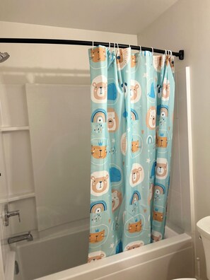 Hair dryer, towels, soap, toilet paper
