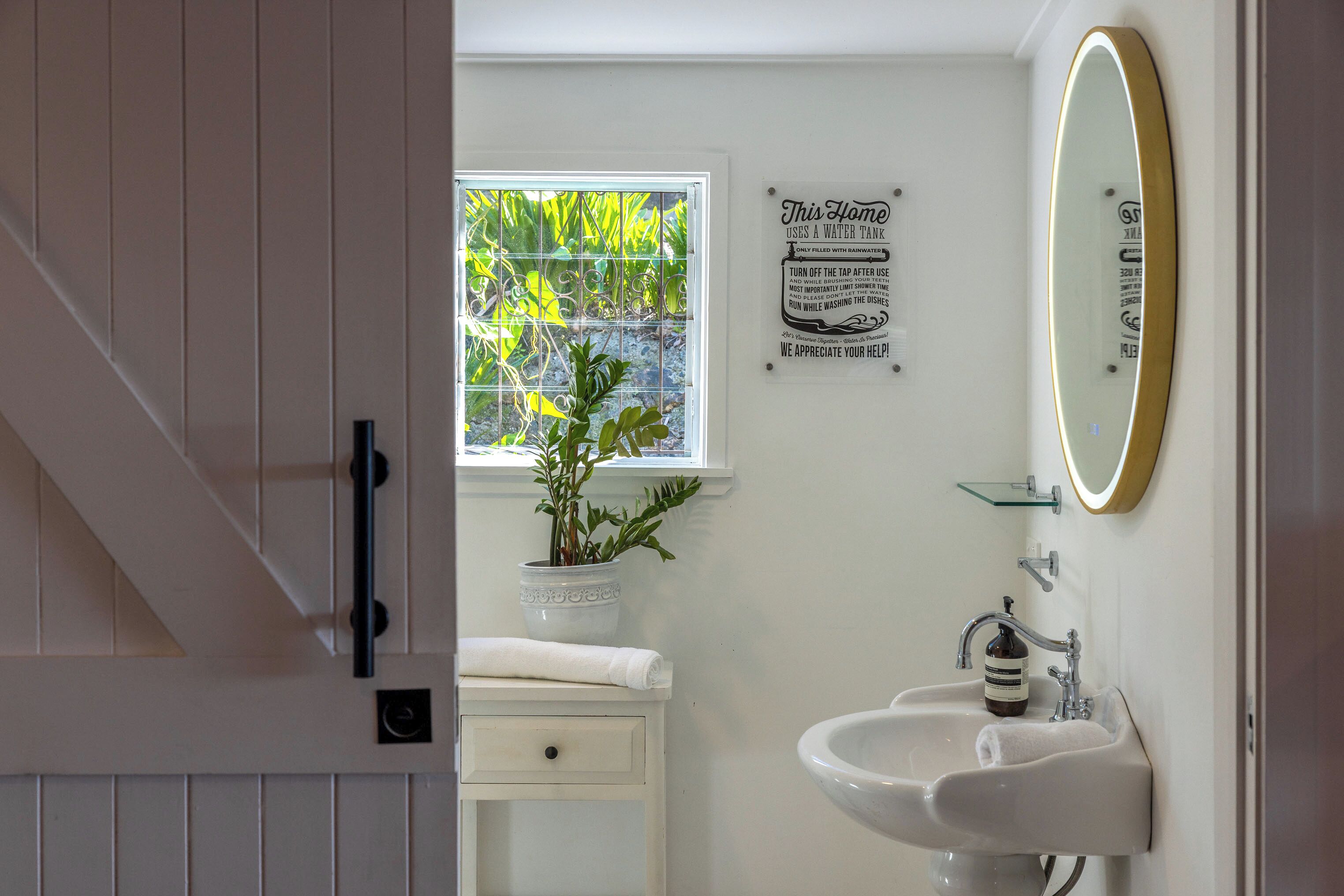 Een badkamer met een witte wastafel, een spiegel, een potplant en een raam met uitzicht op groen.