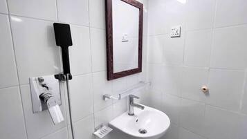 A bathroom with a white sink, a mirror, and a showerhead.