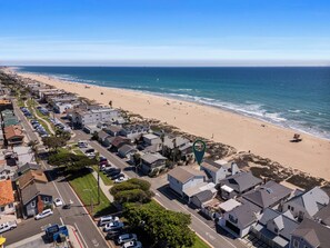 On the beach, sun-loungers, beach towels