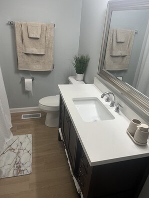 Secadora de cabello, toallas, jabón, papel de baño 