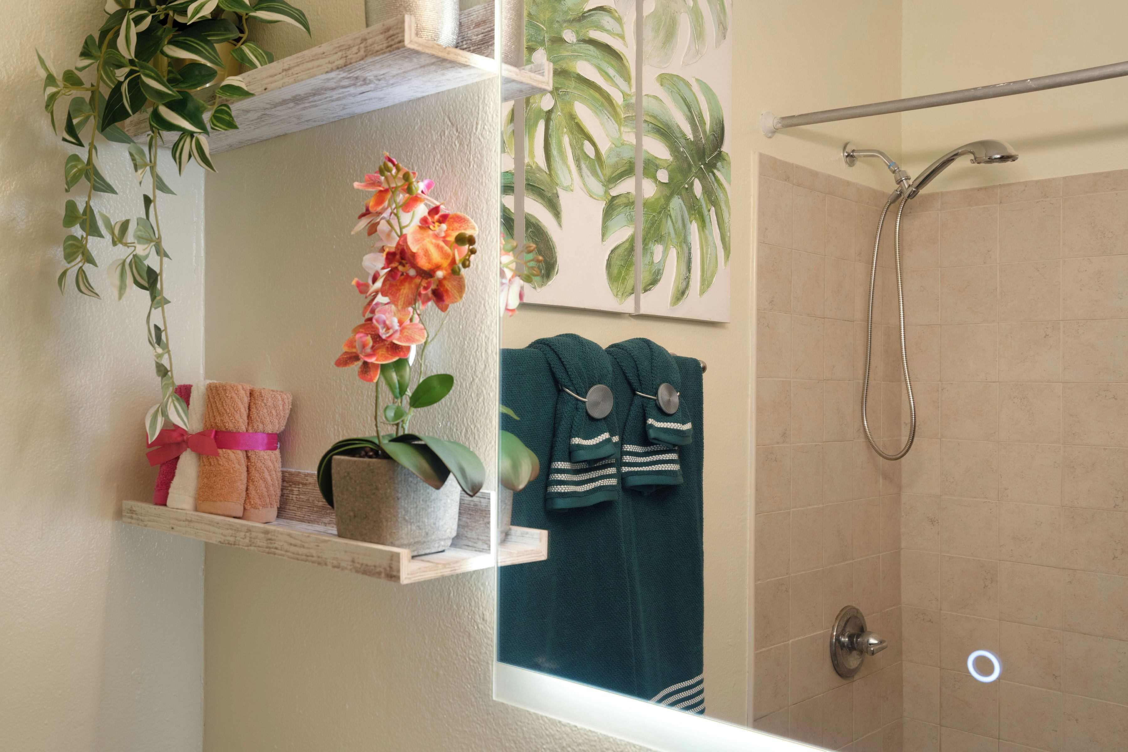 Douche, sèche-cheveux, serviettes fournies, savon