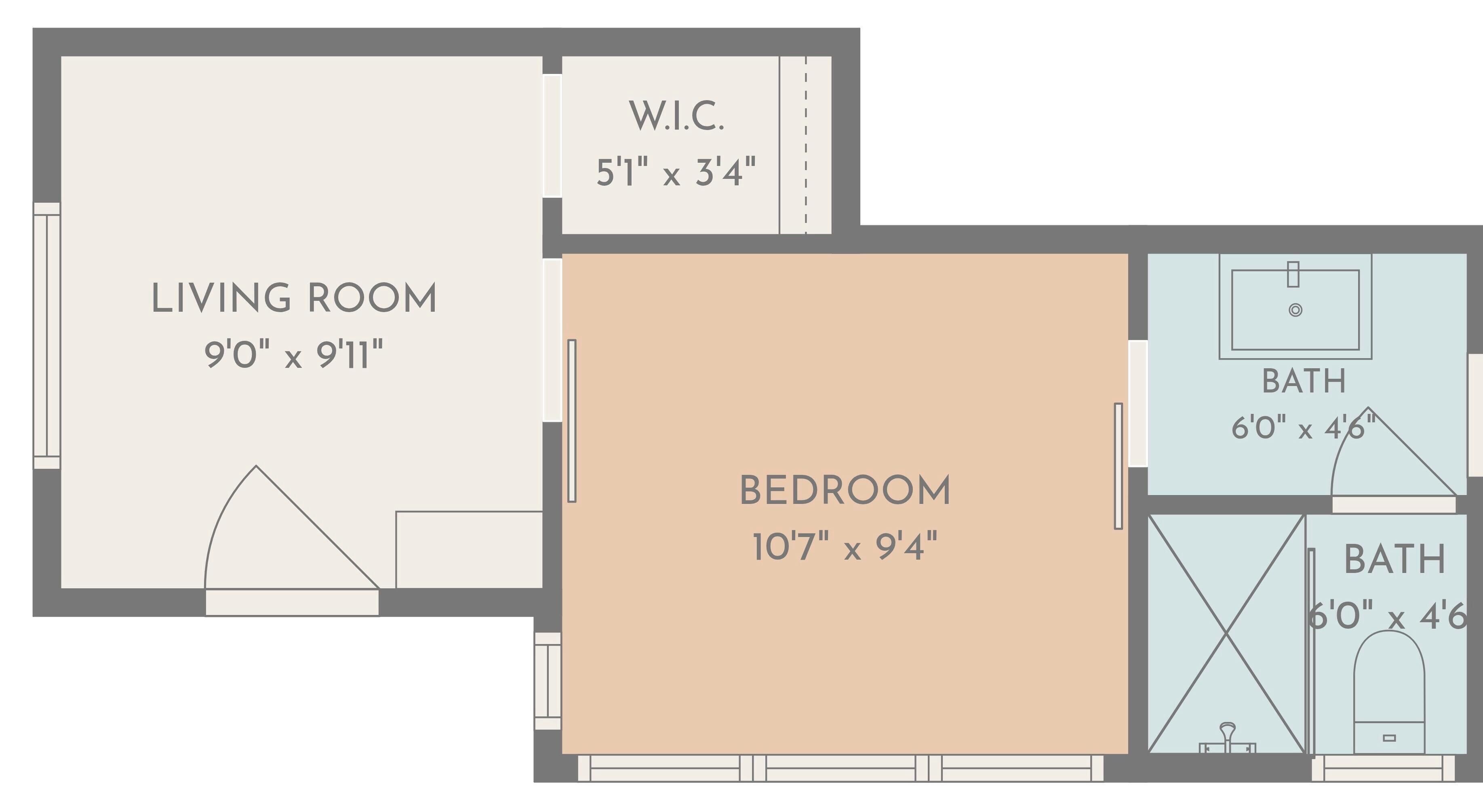 Plano de planta que muestra una sala de estar (2,74 m x 3,02 m), un dormitorio (3,22 m x 2,84 m), dos baños (1,83 m x 1,37 m) y un aseo (1,53 m x 0,91 m).