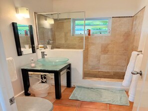 Hair dryer, towels, soap, toilet paper - Charming 3-bedroom villa with Pool, WiFi, AC in Long Bay near Sam Lords Castle. (Long Bay)