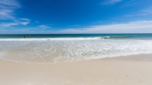 A beach with clear skies and calm waves. - Buena Vista 305 | Beachfront | Beach Side Pool in Gulf Shores | My Beach Getaways (Gulf Shores)