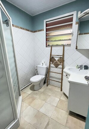 Un baño con inodoro, lavamanos y zona de ducha.