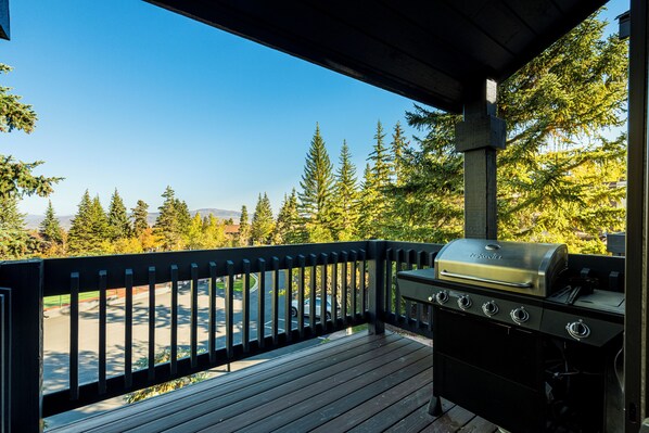 A covered outdoor area with a grill and a view of a parking lot and trees.