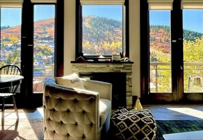 Smart TV, chimenea y libros