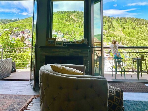 Smart TV, fireplace, books