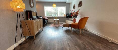 Télévision, cheminée, chaîne hi-fi