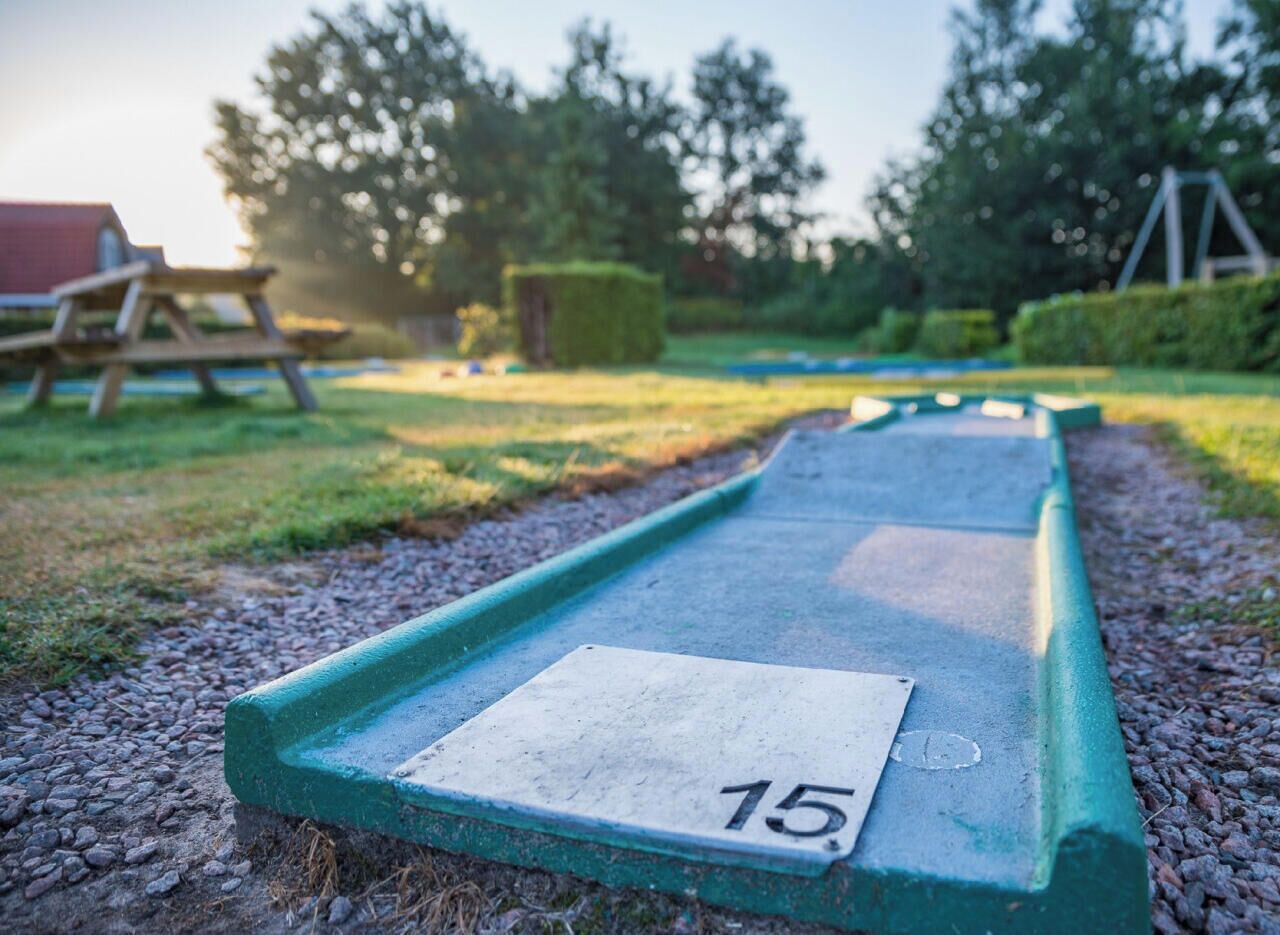 Una mesa de shuffleboard con un marcador numerado en 15.