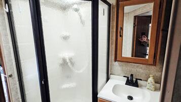 Hair dryer, towels, soap, toilet paper