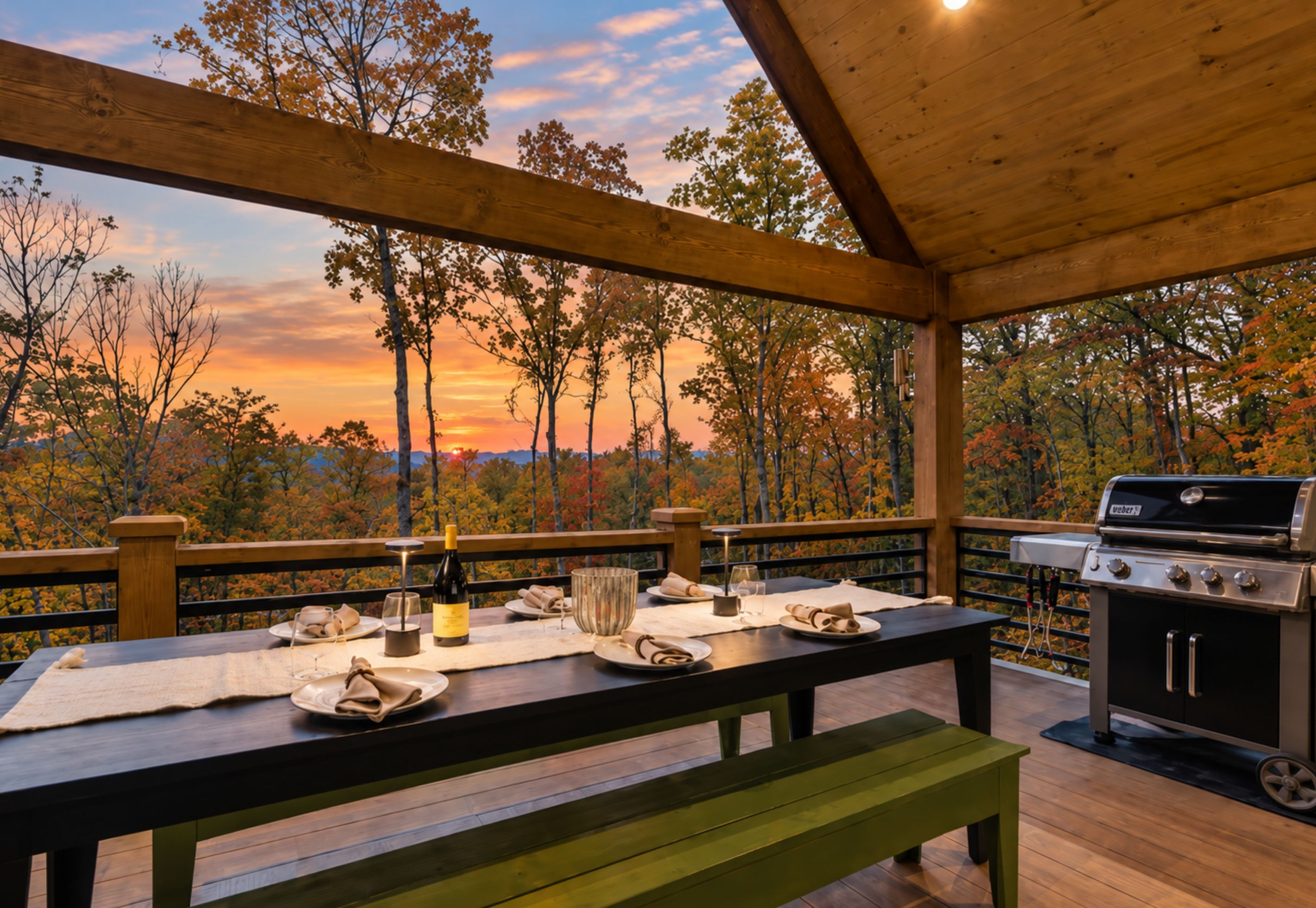 An outdoor dining area with a view of trees and a sunset, a grill, and a table set for two.