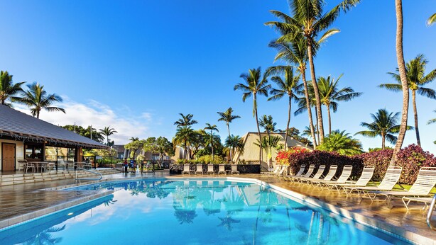 A swimming pool with lounge chairs and palm trees. - Cozy ground floor condo, lush lanai, dining nearby (Kihei)