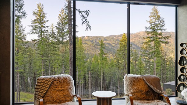 Two fur-covered chairs facing a large window with a forest view.