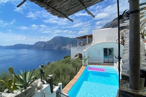 A pool with a view of the sea, surrounded by white walls and plants.