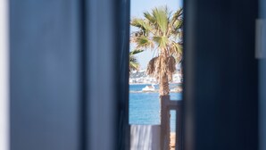 Une vue à travers une fenêtre, avec un palmier et une étendue d’eau en arrière-plan.