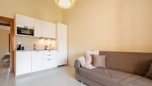 A modern living space with a kitchenette, a sofa, and a hanging light fixture.