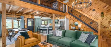 Smart TV, fireplace, foosball, books