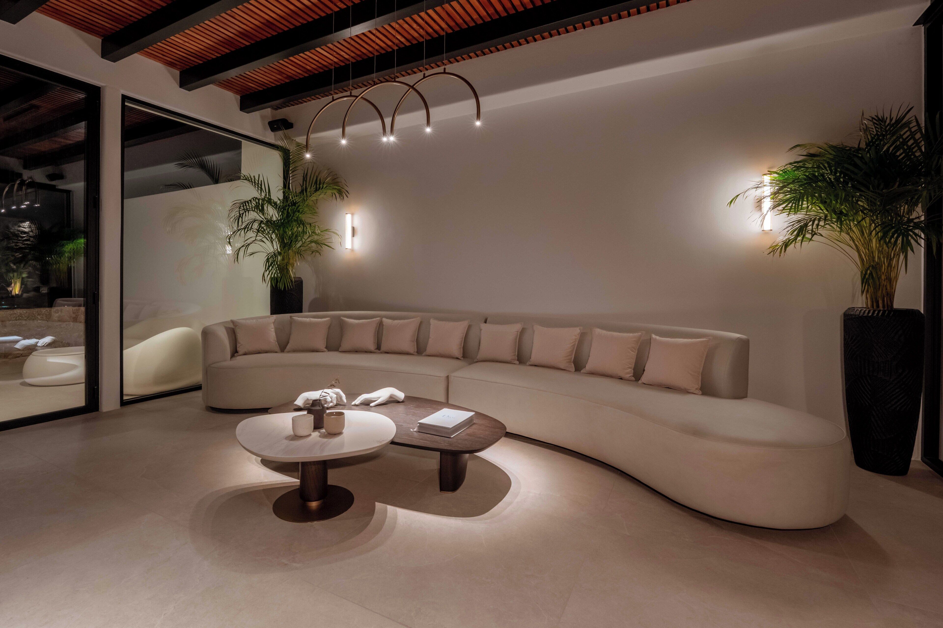 A modern living room with a curved sofa, a round coffee table, and two potted plants.