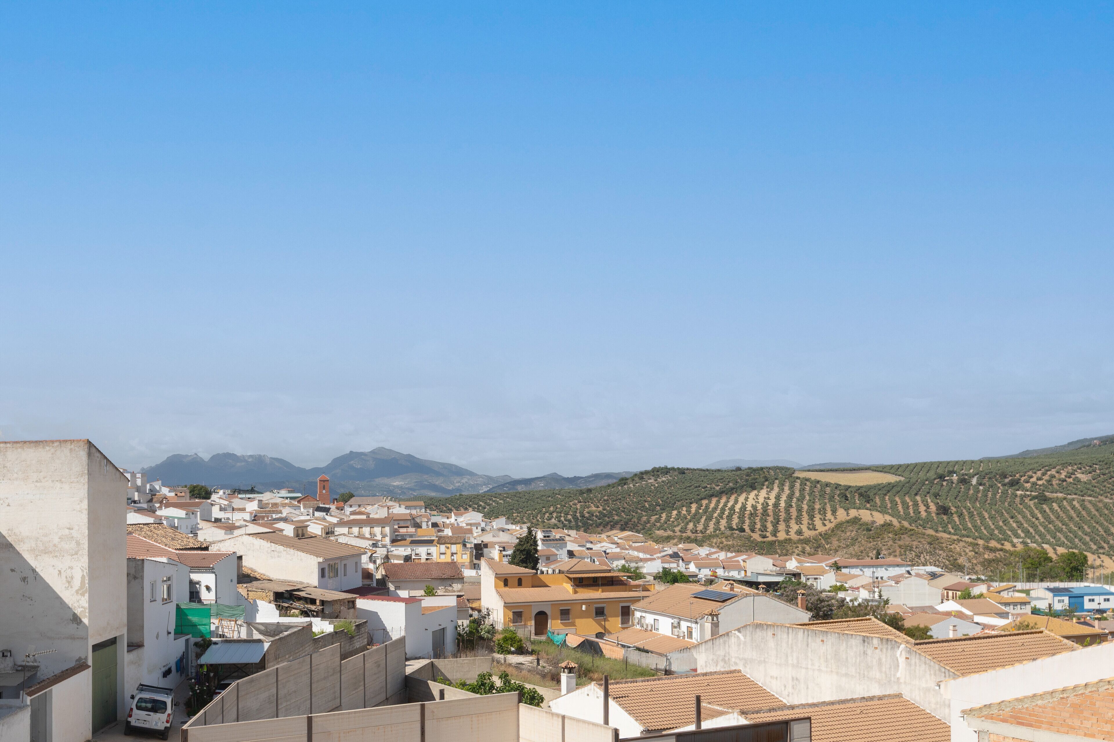 Un pueblo con viñedos en terrazas al fondo.