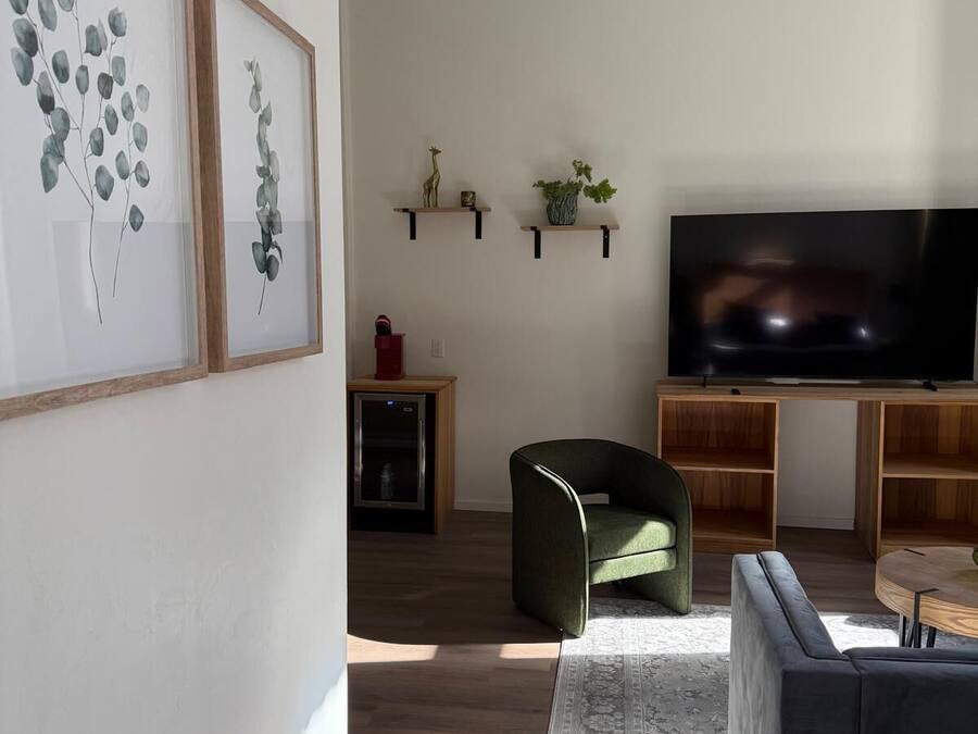 Un salon moderne avec un téléviseur à écran plat, un fauteuil vert, un canapé gris et des étagères en bois ornées d’objets décoratifs.